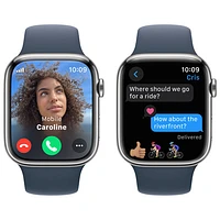 Apple Watch Series 9 (GPS + cellulaire) avec boîtier de mm en acier inoxydable argenté et bracelet sport bleu tempête par Koodo - Moyen/Grand - mm