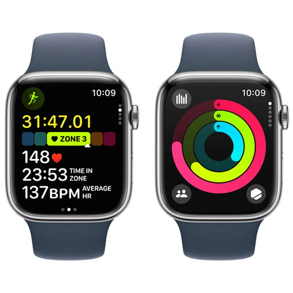 Apple Watch Series 9 (GPS + cellulaire) avec boîtier de mm en acier inoxydable argenté et bracelet sport bleu tempête par Koodo - Moyen/Grand - mm