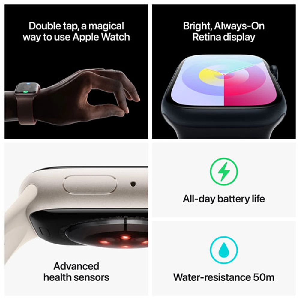 Apple Watch Series 9 (GPS + cellulaire) avec boîtier de mm en acier inoxydable argenté et bracelet sport bleu tempête par Koodo - Moyen/Grand - mm