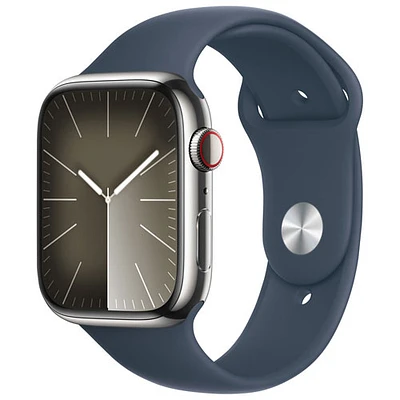 Apple Watch Series 9 (GPS + cellulaire) avec boîtier de 45 mm en acier inoxydable argenté et bracelet à rabat sport bleu tempête par Koodo - Petit/Moyen 140-190 mm - Paiement Balance mensuel