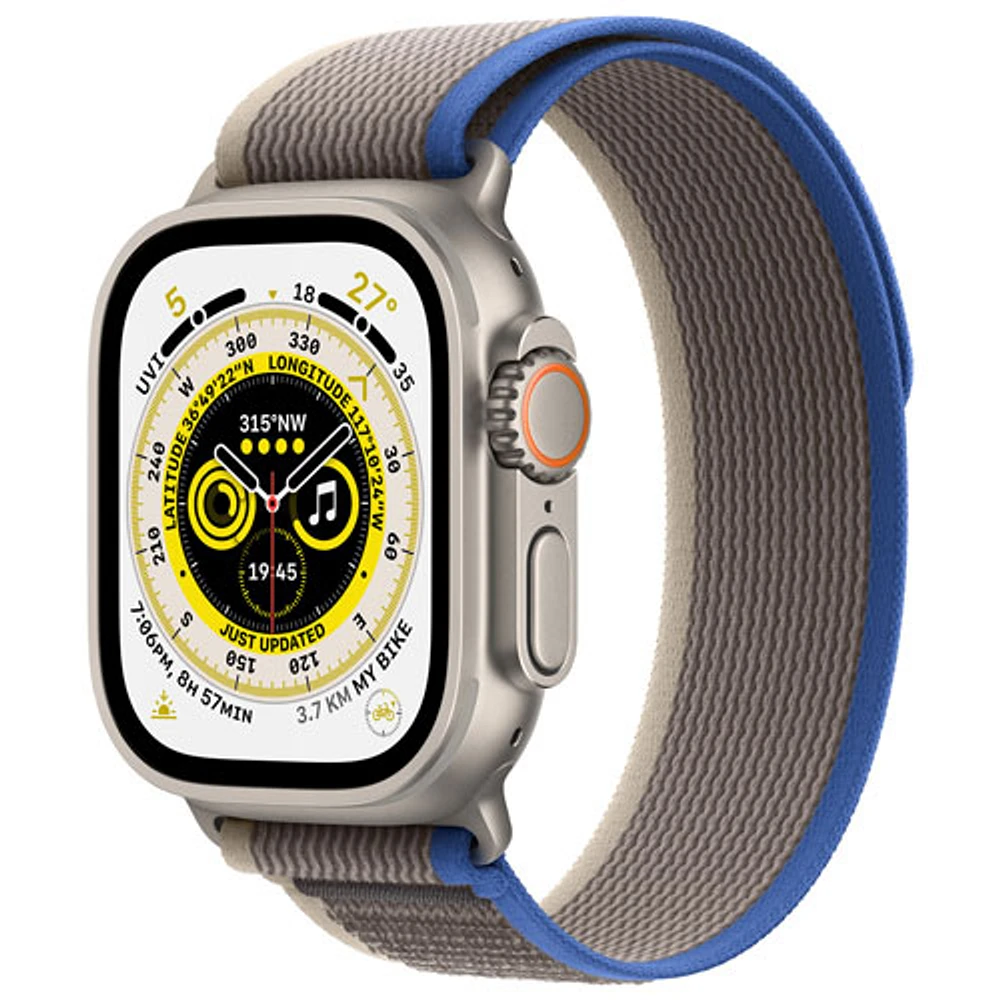 Apple Watch Ultra (GPS + cellulaire) avec boîtier de 49 mm en titane et bracelet à rabat Sentier bleu/gris par Koodo - Moyen/Grand - Paiement Balance mensuel
