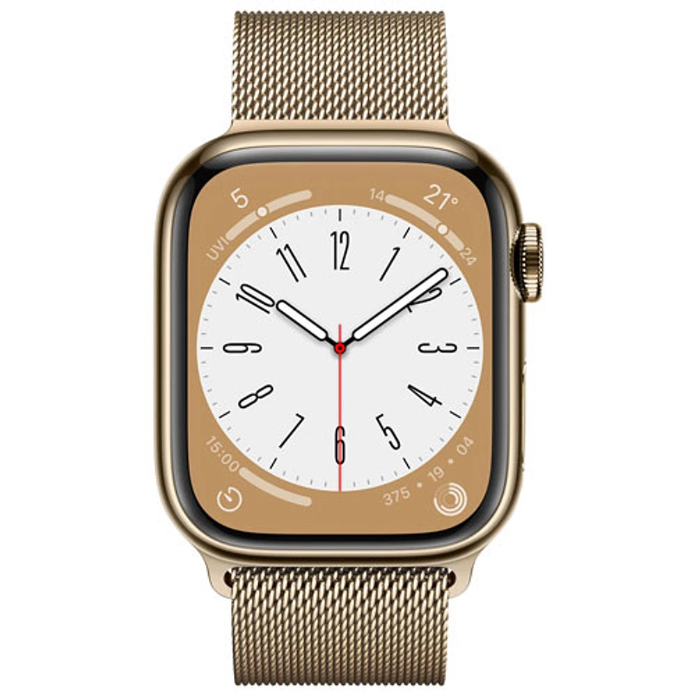Apple Watch Series 8 (GPS + cellulaire) avec boîtier de 41 mm en acier inoxydable doré et bracelet milanais doré par Koodo - Petit/Moyen - Paiement Balance mensuel