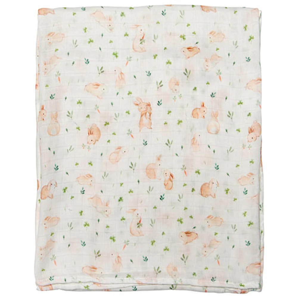 Couverture à emmailloter en mousseline au thème de lapin et de prairie de Loulou Lollipop