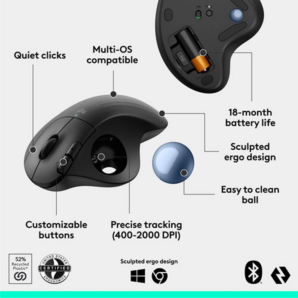 Souris ergonomique sans fil à boule de commande 2000 ppp Ergo M575S de Logitech - Noir