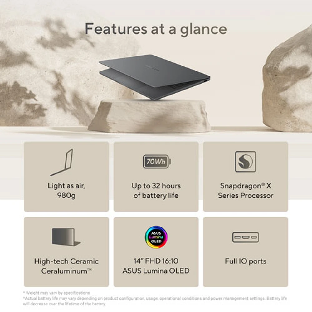 Portable Zenbook A14 14 po Copilot+ d'ASUS - Gris Islande (Snapdragon X/RAM 16 Go/SSD 1 To/Win 11)