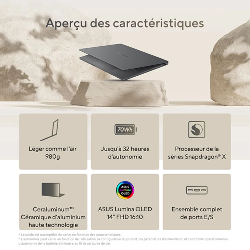 Portable Zenbook A14 14 po Copilot+ d'ASUS - Gris Islande (Snapdragon X/RAM 16 Go/SSD 1 To/Win 11)