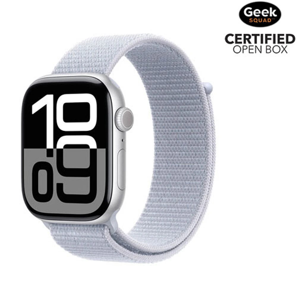 Boîte ouverte - Apple Watch Series 10 (GPS + cellulaire) avec boîtier de 46 mm en aluminium argenté et bracelet sport à rabat nuage bleu
