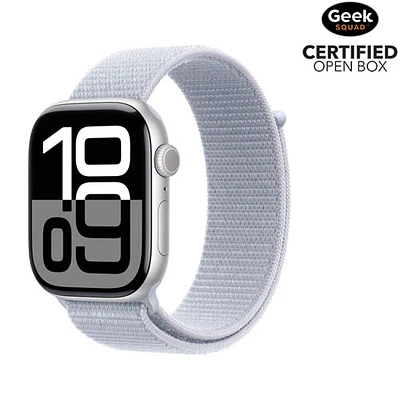 Boîte ouverte - Apple Watch Series 10 (GPS + cellulaire) avec boîtier de 46 mm en aluminium argenté et bracelet sport à rabat nuage bleu