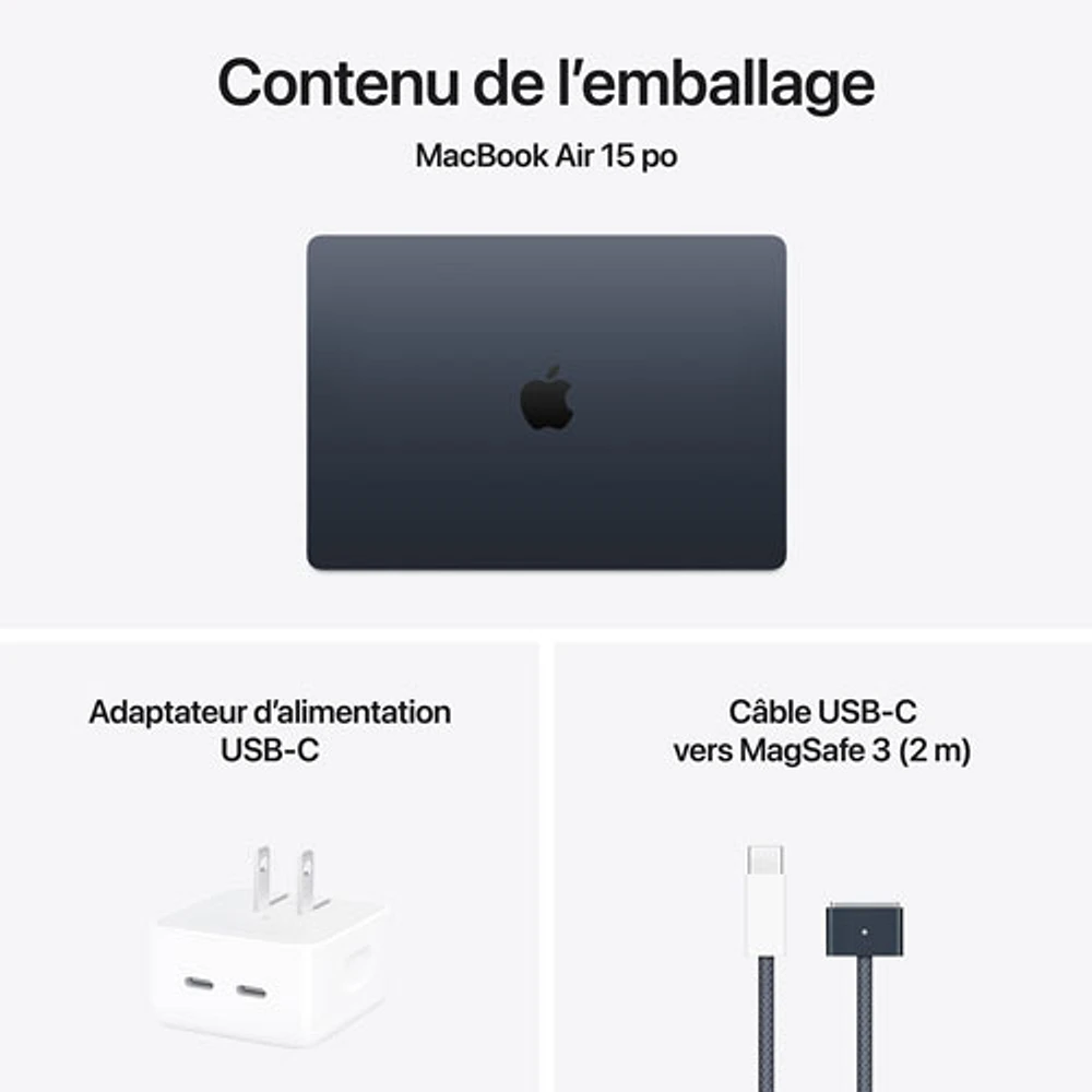 MacBook Air de 15,3 po avec Touch ID d'Apple (2025) - Minuit (M4 d'Apple/RAM 16 Go/SSD Go