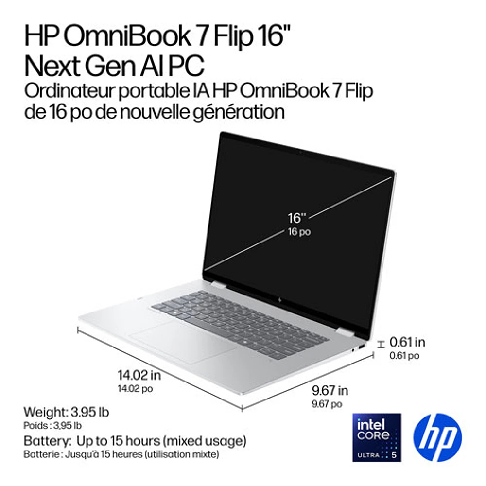Portable Copilot+ PC 2-en-1 tactile de 16 po OmniBook 7 Flip de HP (Core Ultra 5-226v d'Intel/RAM 16 Go/SSD 512 Go)
