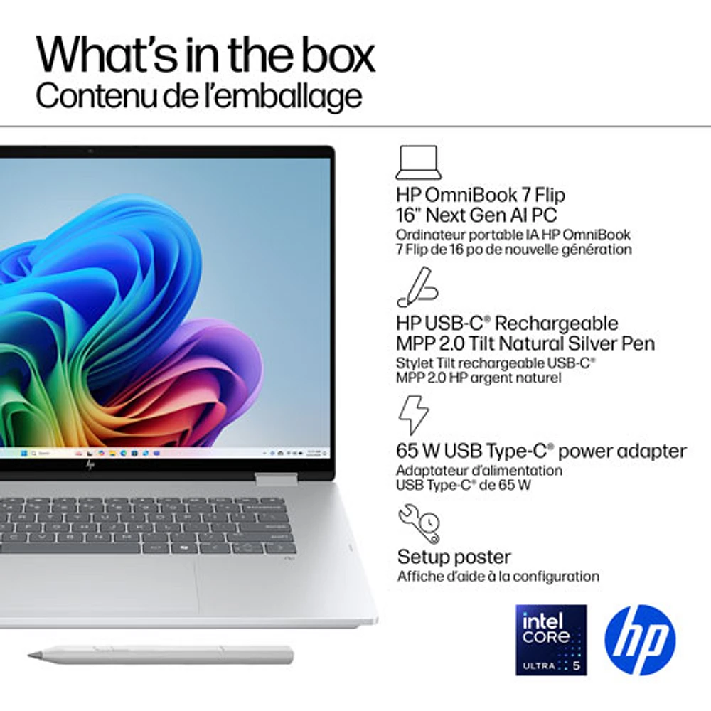 Portable Copilot+ PC 2-en-1 tactile de 16 po OmniBook 7 Flip de HP (Core Ultra 5-226v d'Intel/RAM 16 Go/SSD 512 Go)