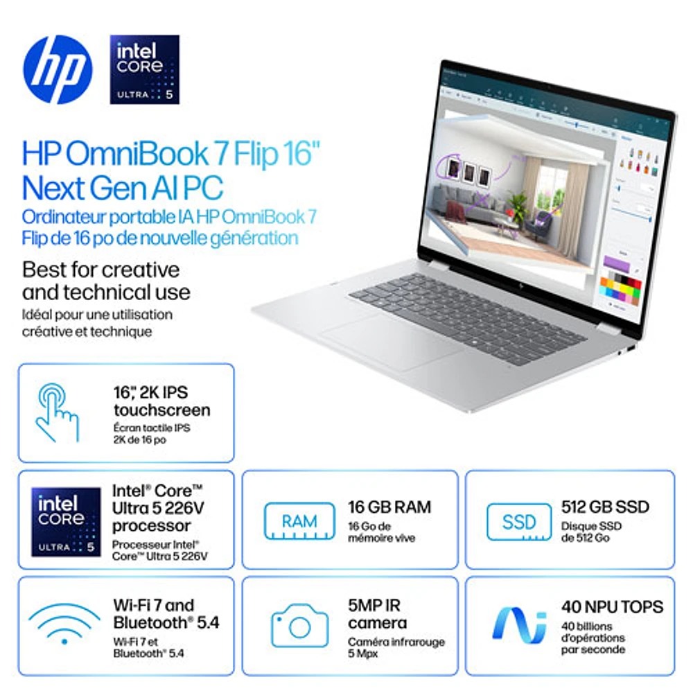 Portable Copilot+ PC 2-en-1 tactile de 16 po OmniBook 7 Flip de HP (Core Ultra 5-226v d'Intel/RAM 16 Go/SSD 512 Go)