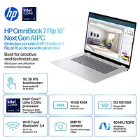 Portable Copilot+ PC 2-en-1 tactile de 16 po OmniBook 7 Flip de HP (Core Ultra 5-226v d'Intel/RAM 16 Go/SSD 512 Go)
