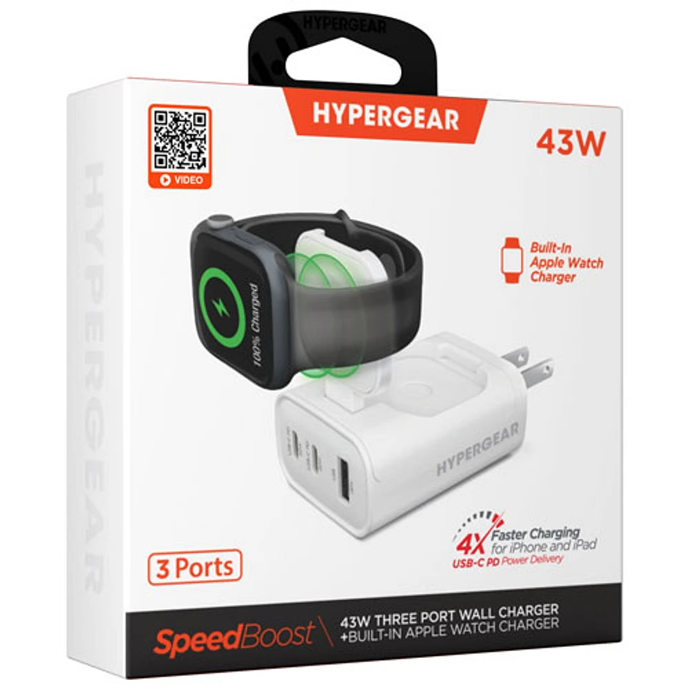 HyperGear SpeedBoost 43W 3-Port USB-C/USB-A/Apple Watch Wall Charger - White