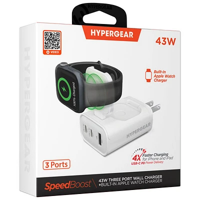 HyperGear SpeedBoost 43W 3-Port USB-C/USB-A/Apple Watch Wall Charger - White