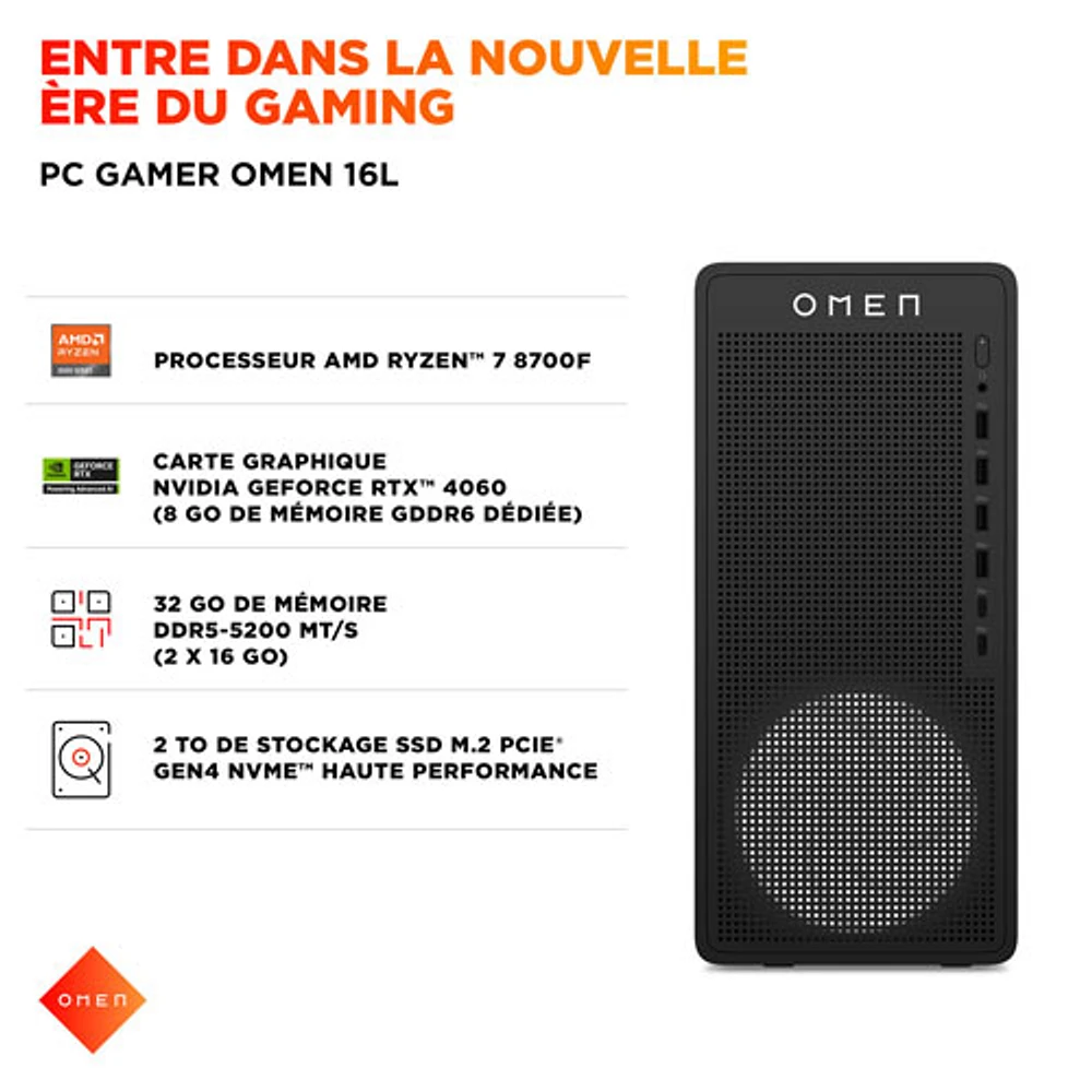Ordinateur de jeu OMEN 16L de HP (Ryzen 7 8700F d'AMD/RAM 32 Go/SSD 2 To/GeForce RTX 4060/Windows 11)