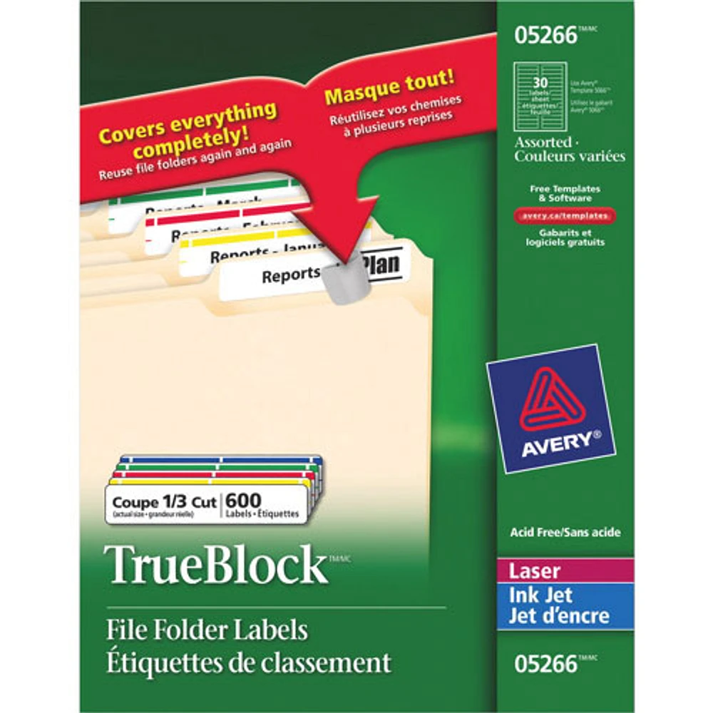 Étiquettes TrueBlock 21/32 x 3-7/16 po d'Avery pour imprimante laser/jet d'encre-Pqt 600 - Assorties