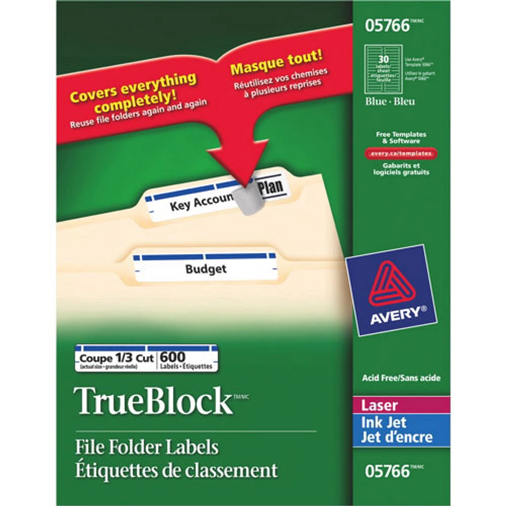 Étiquettes TrueBlock 21/32 x 3-7/16 po d'Avery pour impr. laser/jet d'encre - Paquet de 600 - Bleu