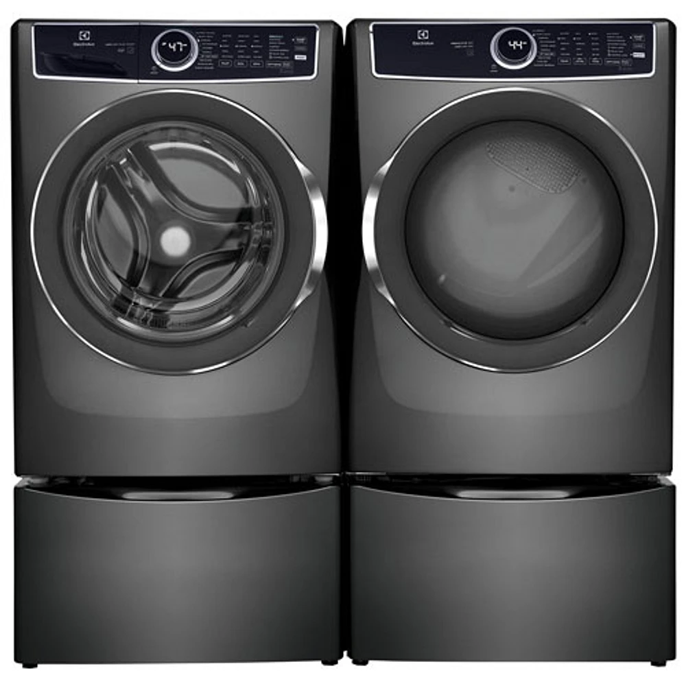 Laveuse à vapeur à chargement frontal 5,2 pi³ et sécheuse électrique à vapeur 8,0 pi³ d’Electrolux avec 2 socles de 27 po – Gris