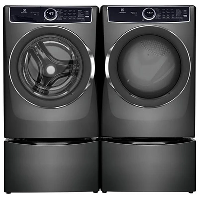 Laveuse à vapeur à chargement frontal 5,2 pi³ et sécheuse électrique à vapeur 8,0 pi³ d’Electrolux avec 2 socles de 27 po – Gris