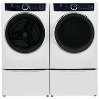 Laveuse à vapeur à chargement frontal 5,2 pi³ et sécheuse électrique à vapeur 8,0 pi³ d’Electrolux avec 2 socles de 27 po – Blanc