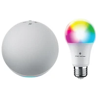 Concentrateur de maison intelligente Echo (4e gén.) d'Amazon avec ampoule DEL intelligente Cync A19 de GE - Blanc glacier/Multicolore