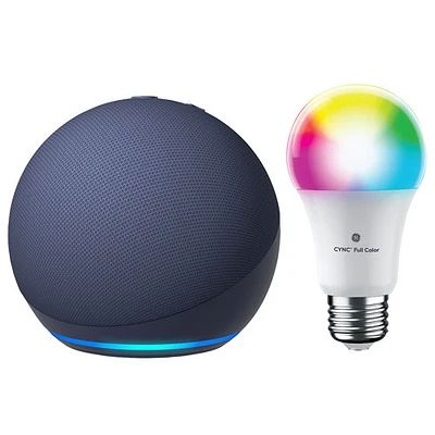 Haut-parleur intelligent Echo Dot (5e génération) d'Amazon avec ampoule DEL intelligente Cync A19 de GE