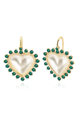14K Gold Plated Sterling Silver CZ Halo Mother-of-Pearl Heart Drop Earrings