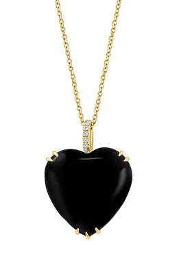 14K Yellow Gold Diamond Onyx Heart Pendant Necklace - 0.4 ctw.