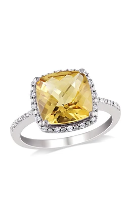 Birthstone of the Month Sterling Silver Cushion Citrine & Diamond Halo Ring