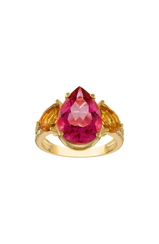 14K Gold Over Silver Pink Topaz, Citrine & Diamond Ring