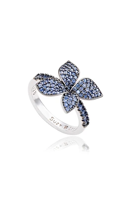 Sterling Silver Pavé Blue Sapphire Flower Ring