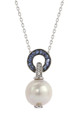 Sterling Silver 10mm Freshwater Pearl & Created Sapphire Pendant