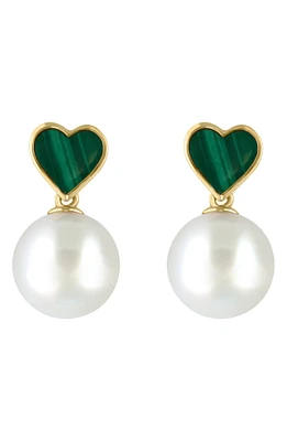 14K Yellow Gold Malachite Heart & 8.5mm Freshwater Pearl Drop Earrings