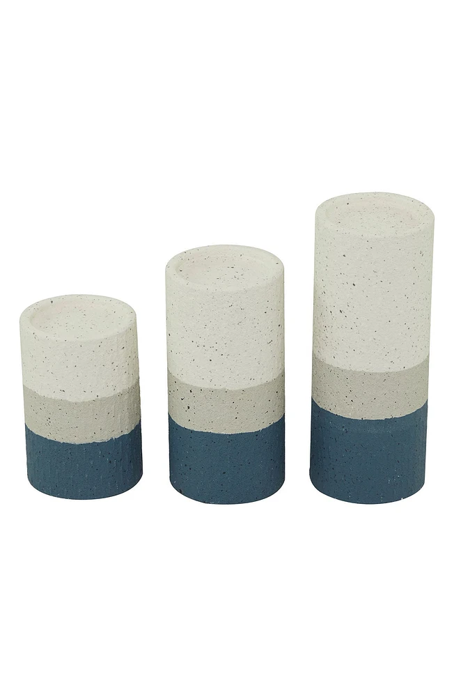 Set of Three Blue Metal Stripe Candlesticks