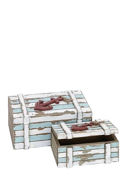 Teal Wood Box with Anchor Detail and Hinged Lid - Set of 2
