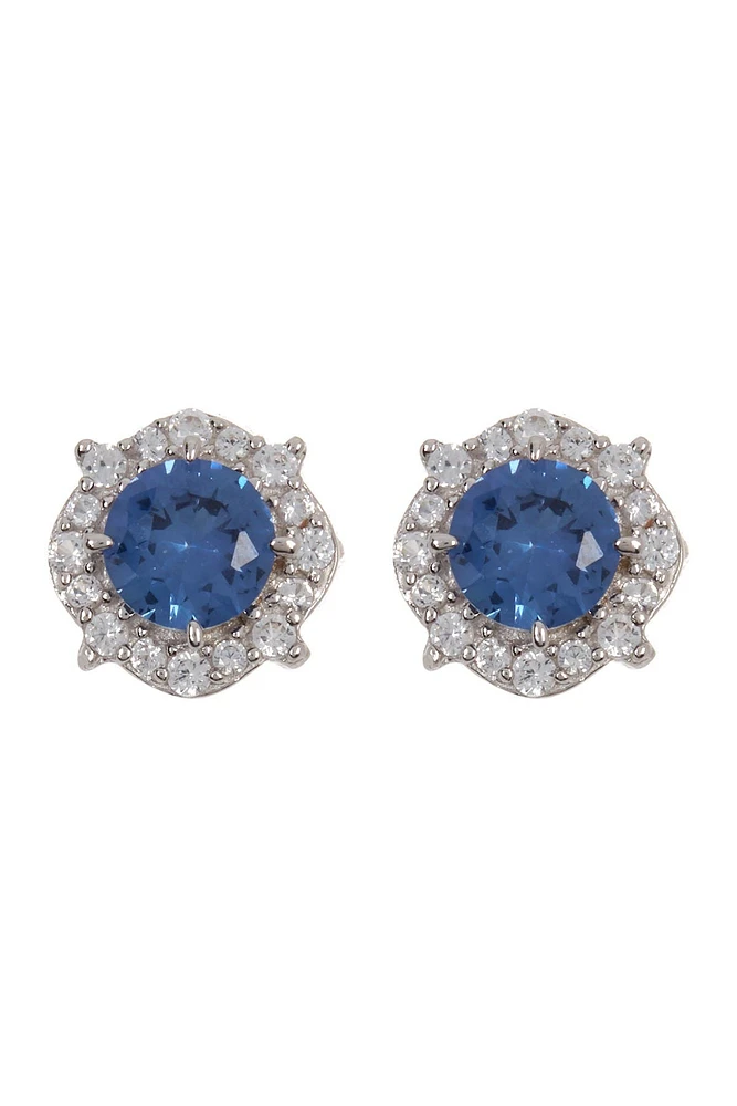 Sterling Silver Blue Sapphire & White Sapphire Halo Stud Earrings