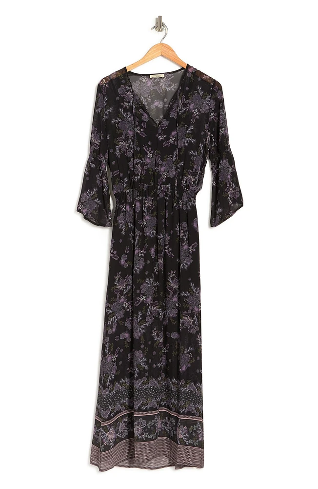 Boho Floral 3/4 Sleeve Smocked Maxi Dress