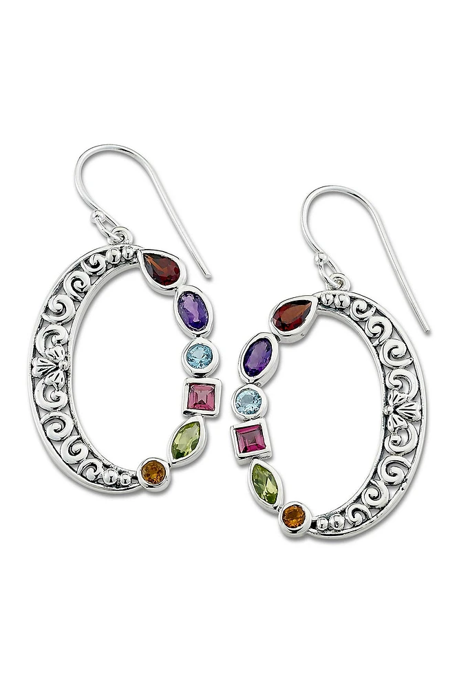 Sterling Silver Multistone Open Oval Drop Earrings