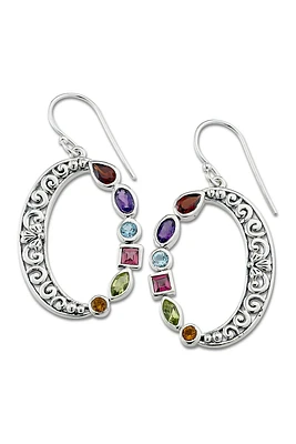 Sterling Silver Multistone Open Oval Drop Earrings