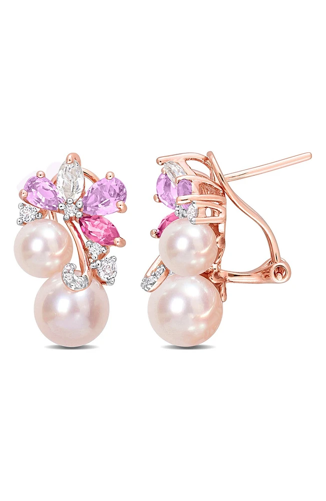 White Topaz, Pink Quartz & Cultured Pearl Earrings