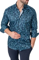 Einstein Leaves Micro Print Blue Contemporary Fit Button-Up Shirt