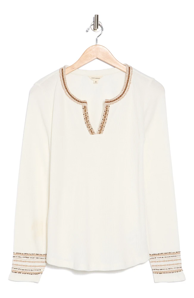 Embellished Split Neck Long Sleeve Henley
