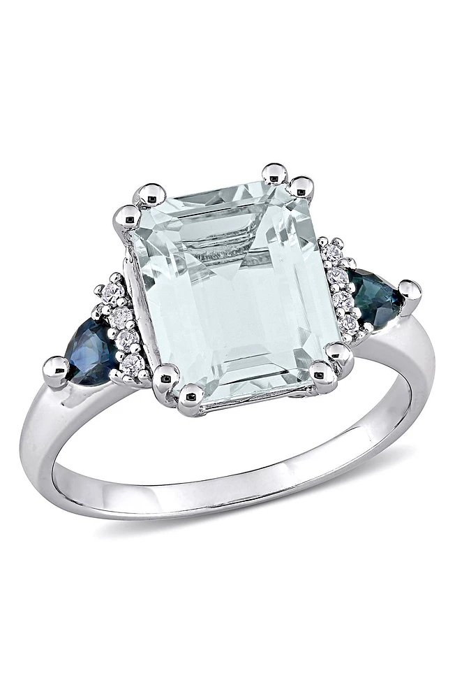 Sterling Silver Emerald Cut Ice Aquamarine, Sapphire, & Diamond Ring - 0.04 ctw