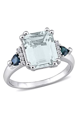 Sterling Silver Emerald Cut Ice Aquamarine, Sapphire, & Diamond Ring - 0.04 ctw