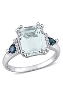 Sterling Silver Emerald Cut Ice Aquamarine, Sapphire, & Diamond Ring - 0.04 ctw