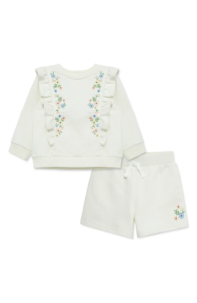 Embroidered Flower Fleece Pullover & Shorts Set