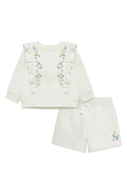 Embroidered Flower Fleece Pullover & Shorts Set