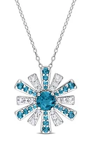 Sterling Silver London Blue Topaz & White Topaz Sunburst Pendant Necklace