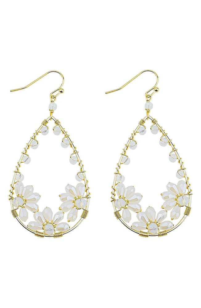 White Crystal Flower Teardrop Earrings